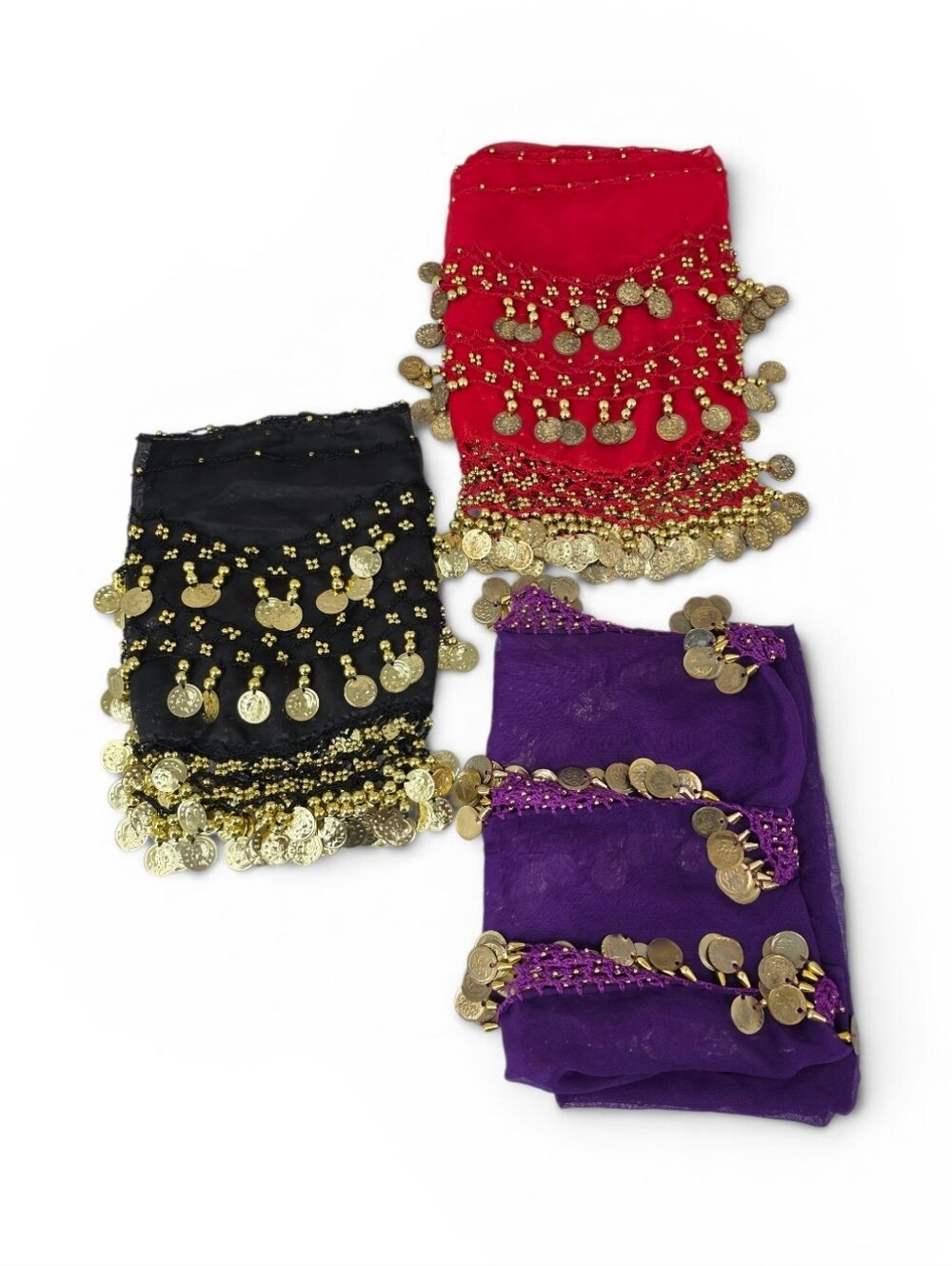 Purple Red and Black Coin-Trim Belly Dance Mini Skirt Hip Scarfs Wraps Lot Of 3